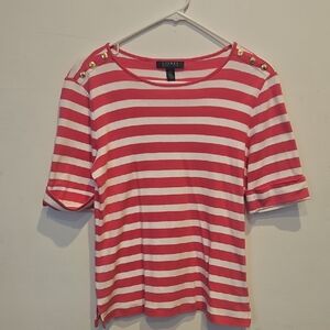 Ralph Lauren Pink and White Striped Tee with Gold Buttons